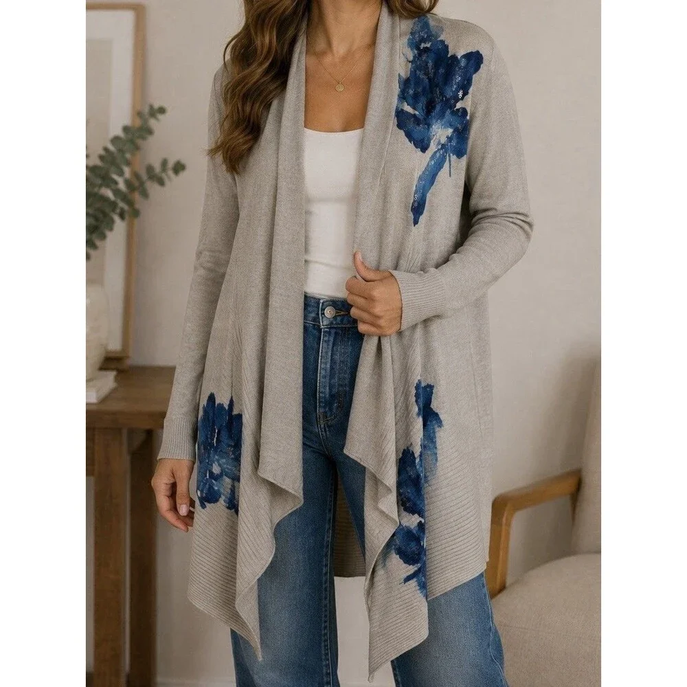 INC International Concepts Petite Cardigan M Gray Blue Floral Sequin Sweater